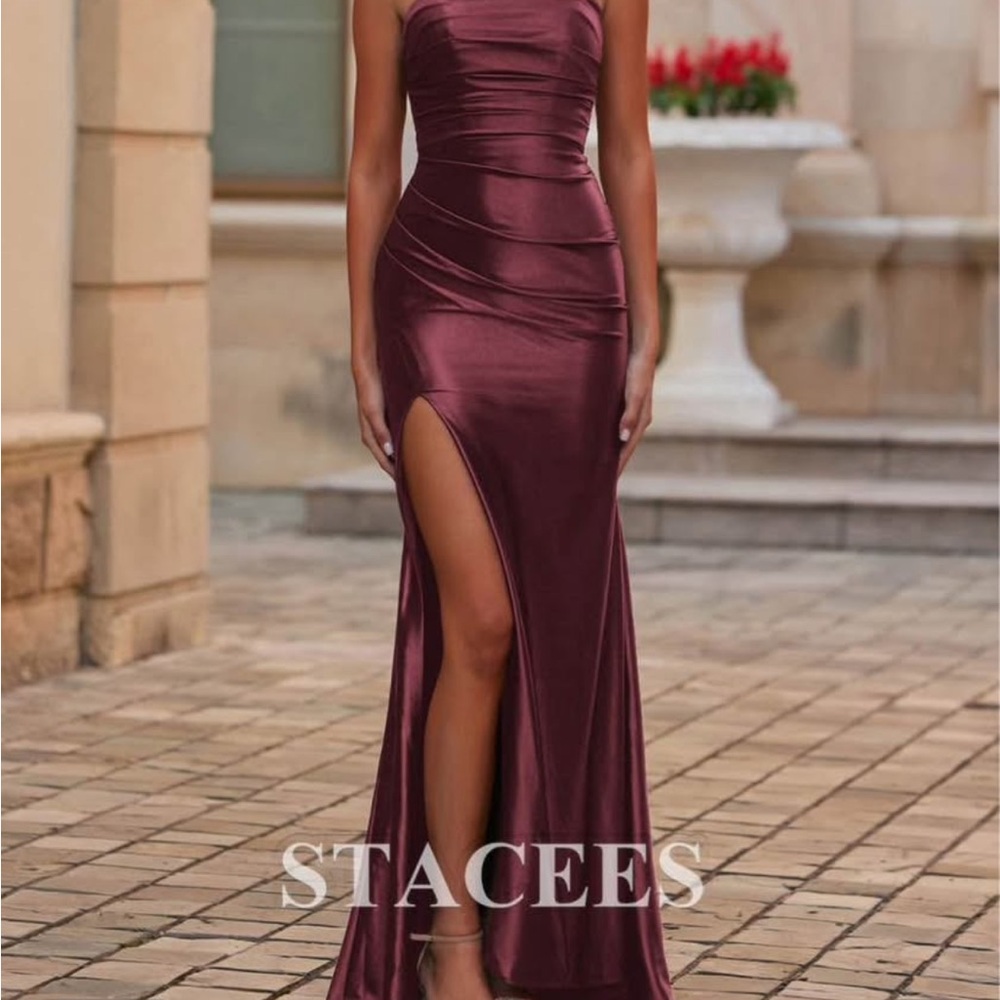 Stacees Burgundy Satin Prom Dress